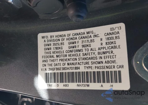 2013 Honda Civic Si из США, поврежденный, VIN 2HGFB6E58DH701884